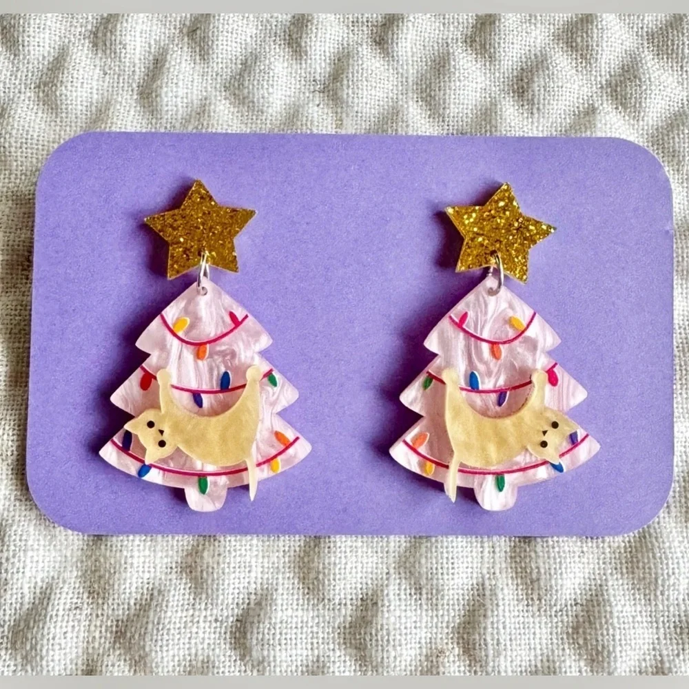 New Pink Christmas Tree w/ White Cat Pearlescent & Glitter Acrylic Earrings - 2” - Picture 5 of 6